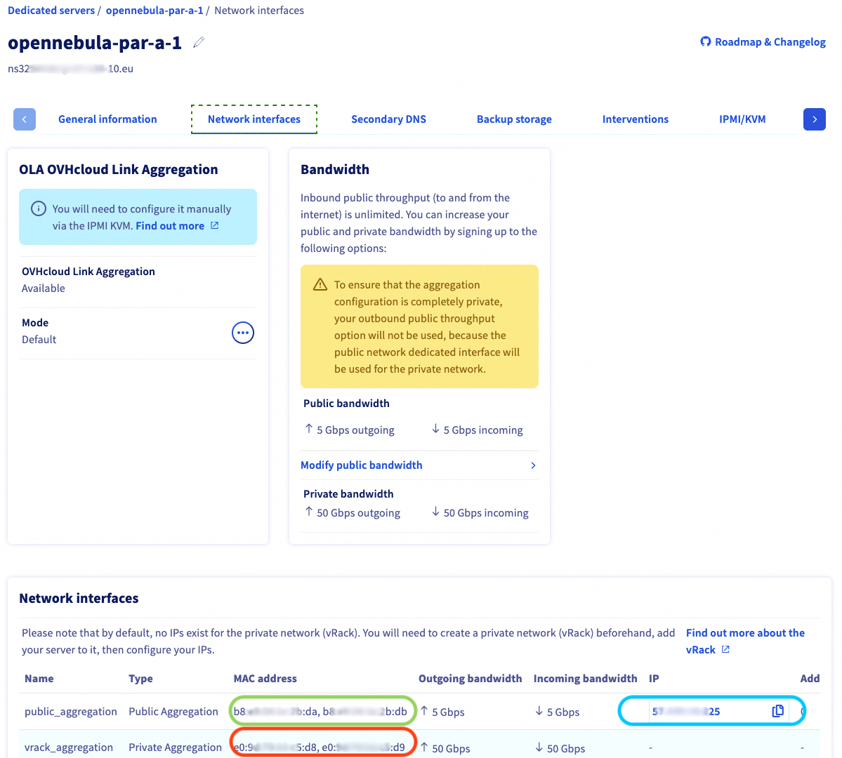 page d'administration des serveurs dédiés