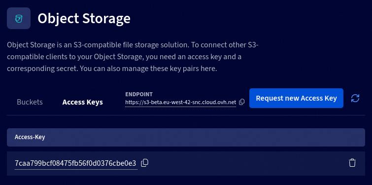 Liste des Access Keys Object Storage
