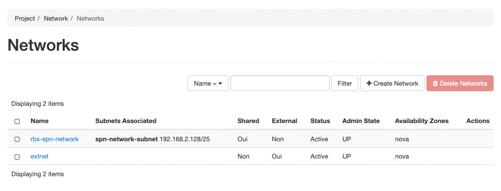 Capture d'écran de la section Networks