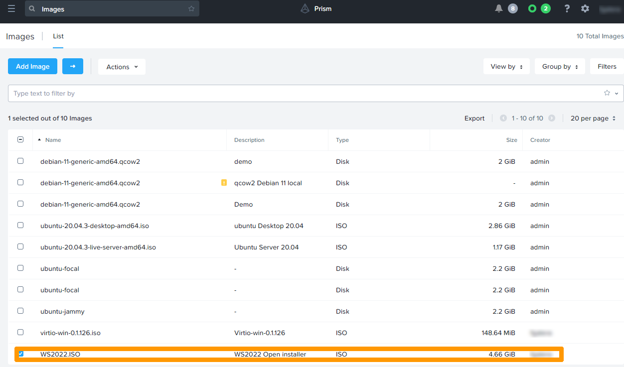 Dashboard of images with new image - Prism Central