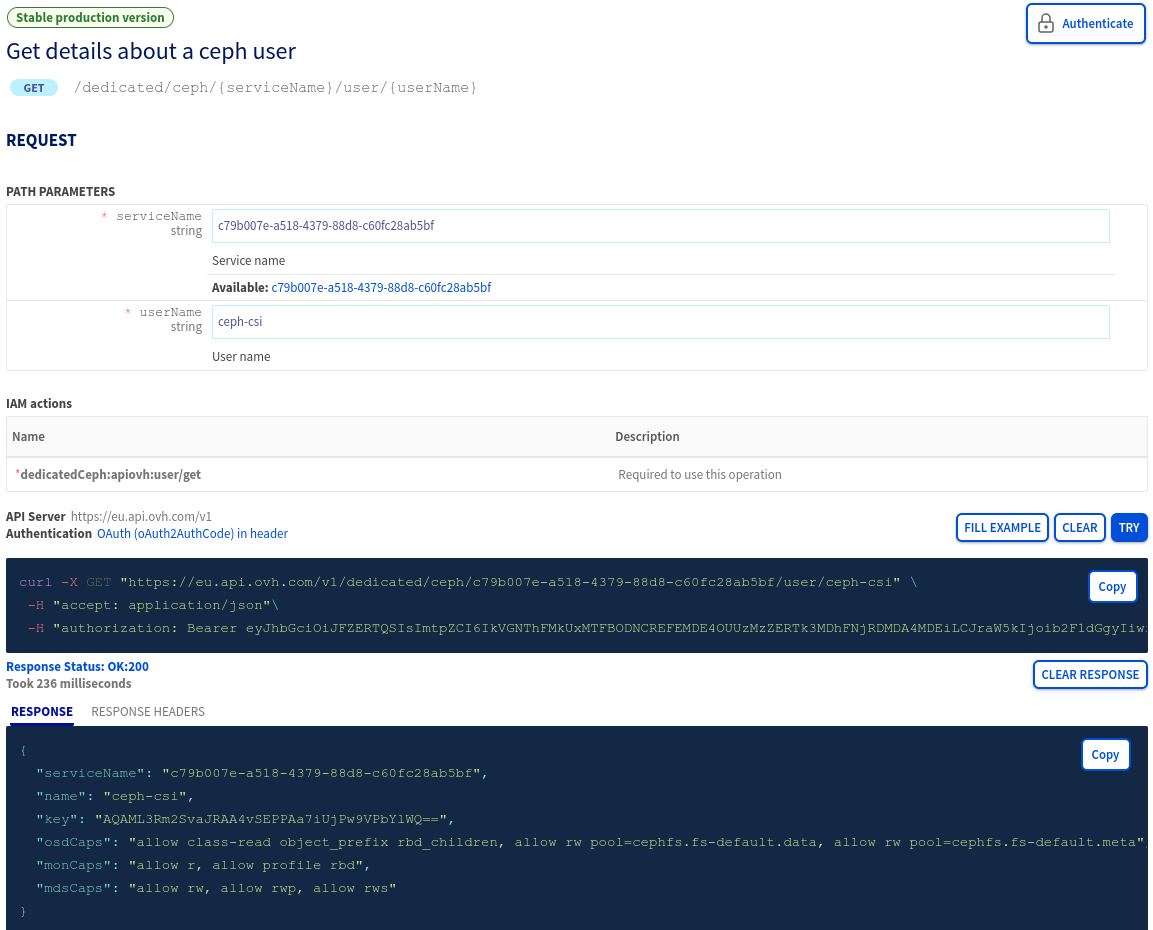 Get Ceph CSI user key