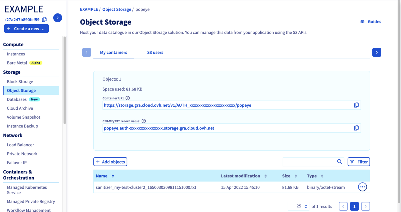 Popeye report stored on OVHcloud Object Storage