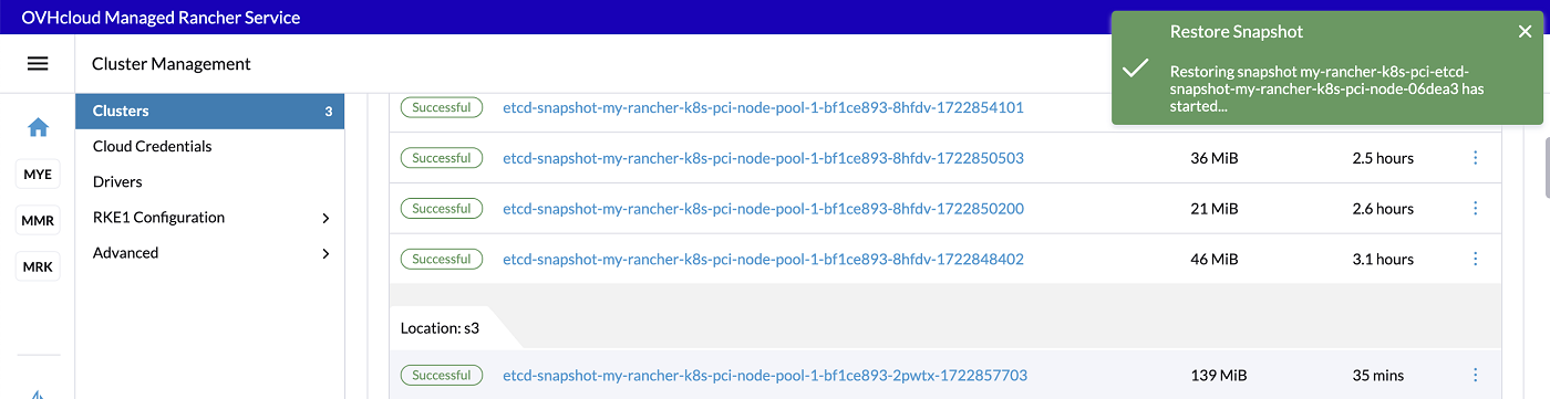 Rancher restore progressing