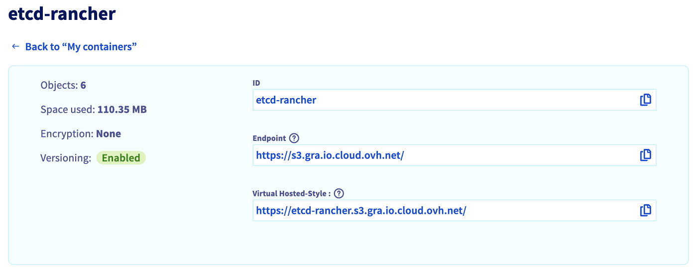 OVHcloud Object Storage Rancher bucket information
