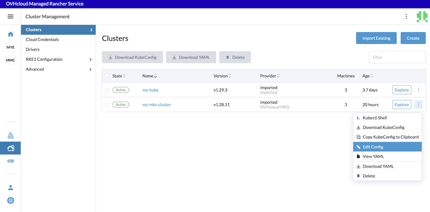 OVHcloud Managed Rancher Service UI