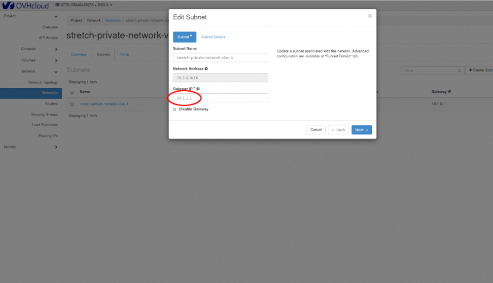 Modifier le sous-réseau région 1