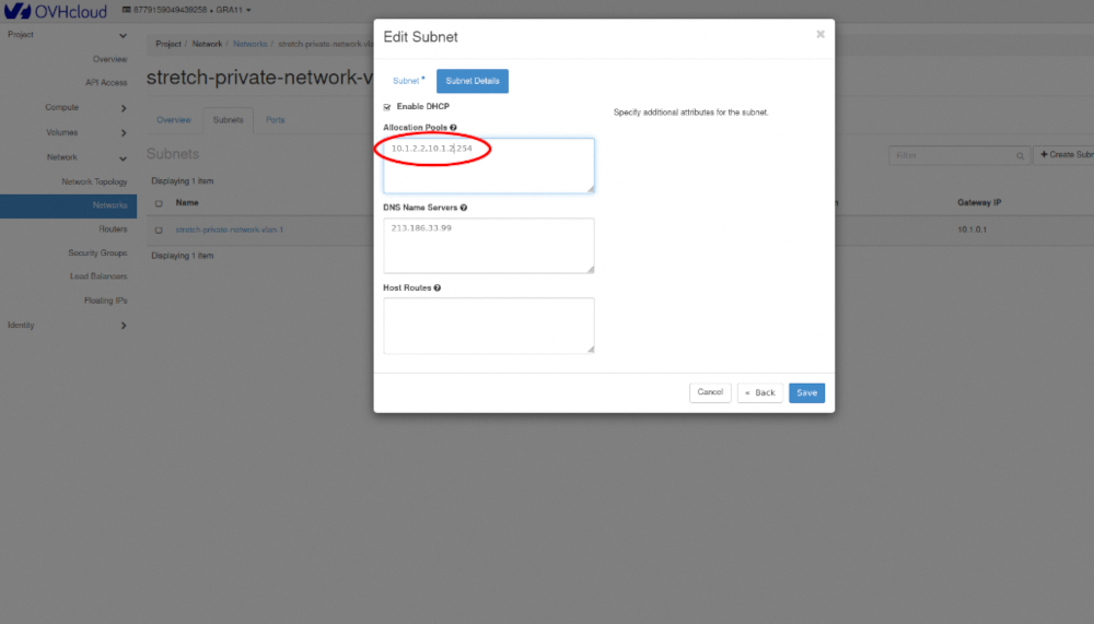 Modifier le sous-réseau région 2 - 2