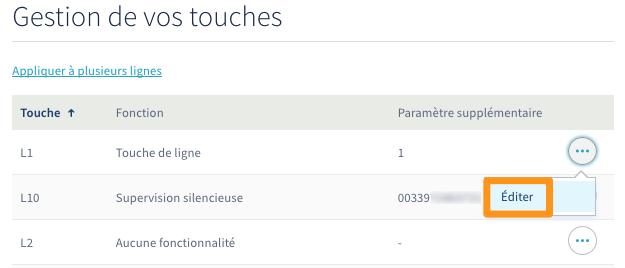 Édition de la configuration des touches