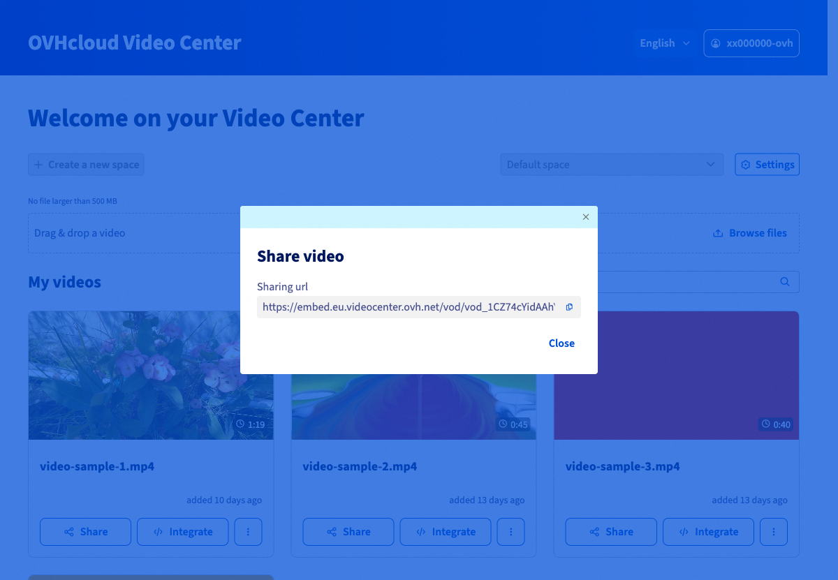 Sharing window showing the video sharing URL