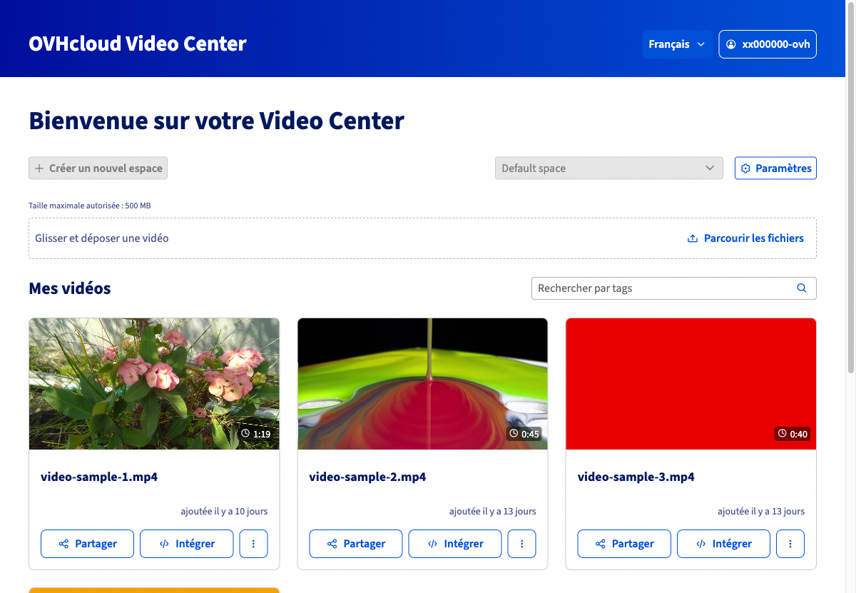 Interface principale du Video Center avec la zone d'import et la liste des vidéos