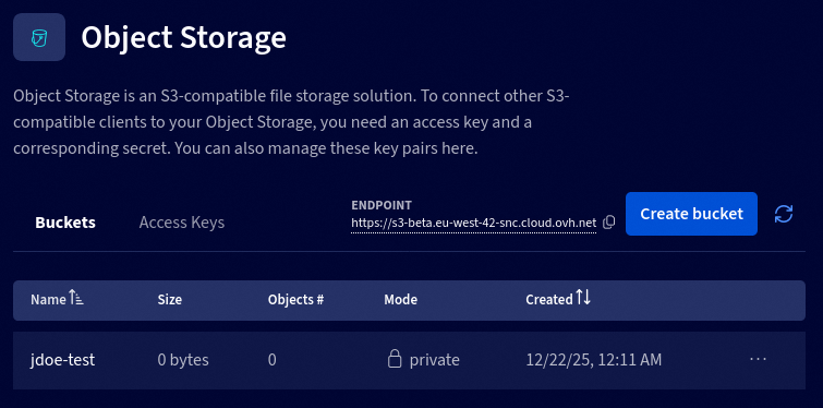 Liste des buckets Object Storage