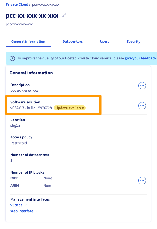 espace client - récupération de la version de vsphere