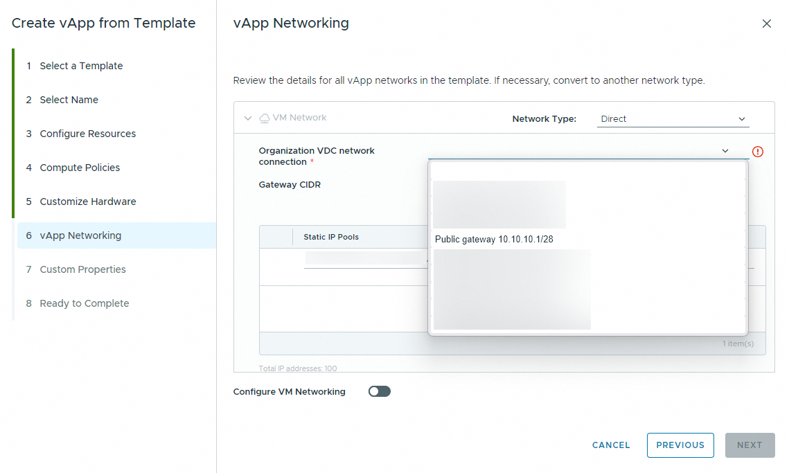 Select Direct network type and gateway