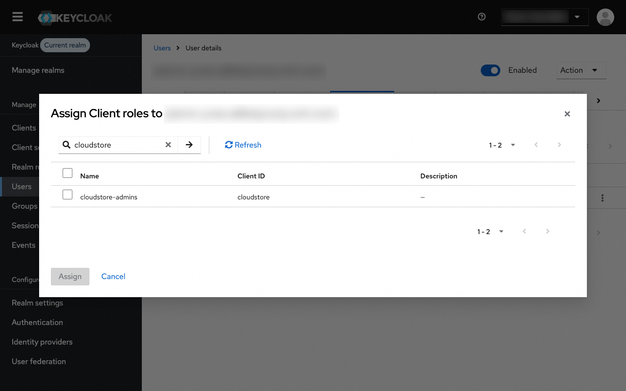 Assigning the cloudstore-admins role in OPCP Core Keycloak