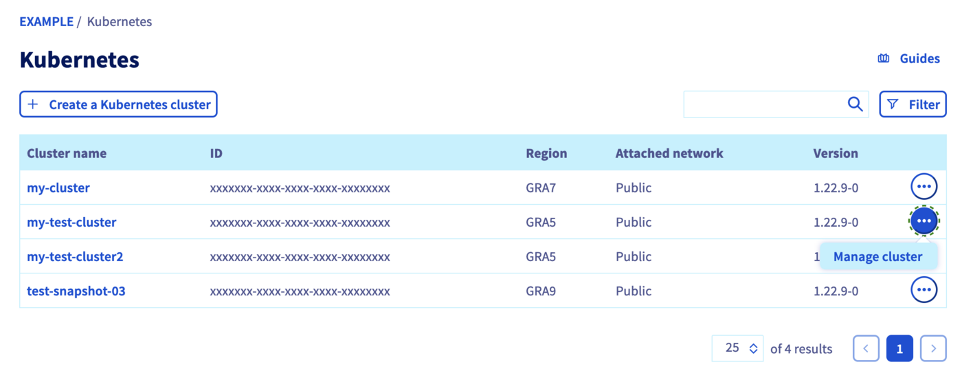 Click on the right end button and choose Manage cluster