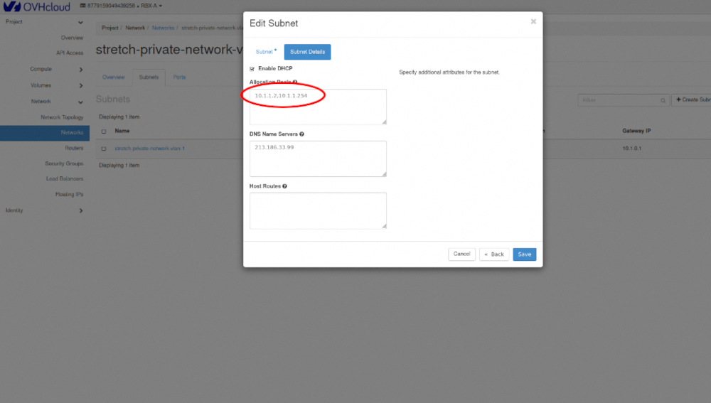 Modifier le sous-réseau région 1 - 2
