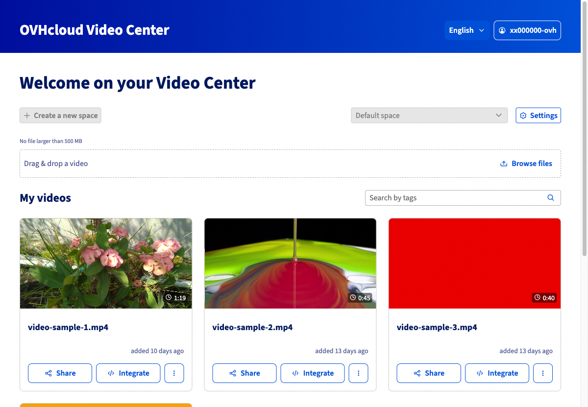 Main Video Center interface showing the import area and video list