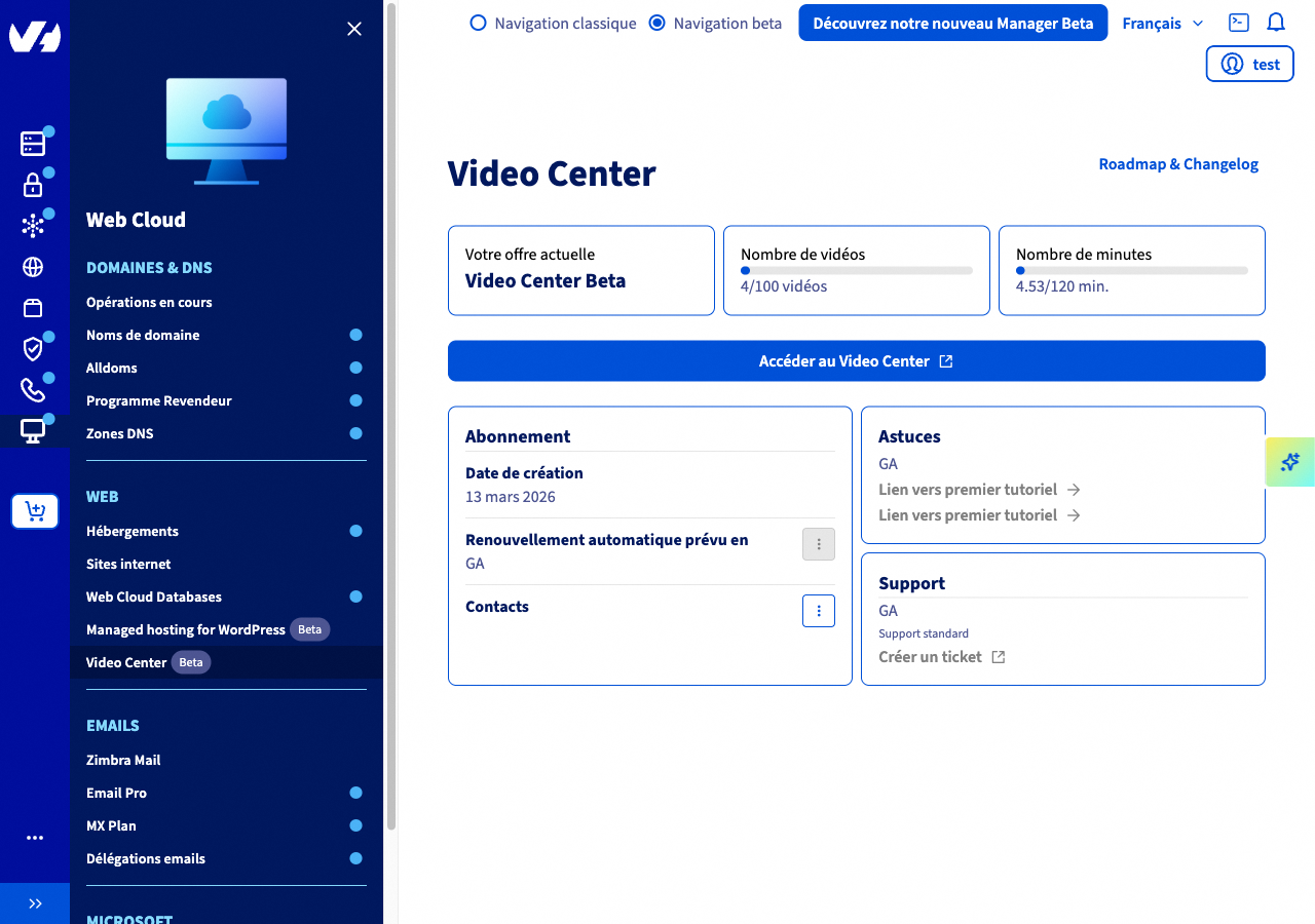 Page Video Center dans l'espace client OVHcloud avec les compteurs vidéos et minutes
